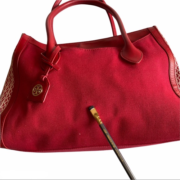 Tory Burch Savannah Canvas East West Tote Bag Red Purse - Picture 3 of 12